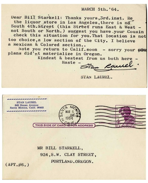 Stan Laurel Postcard Signed With His Full Name, ''Stan Laurel'' -- ''...That location is not too choice, a low section of the City...''